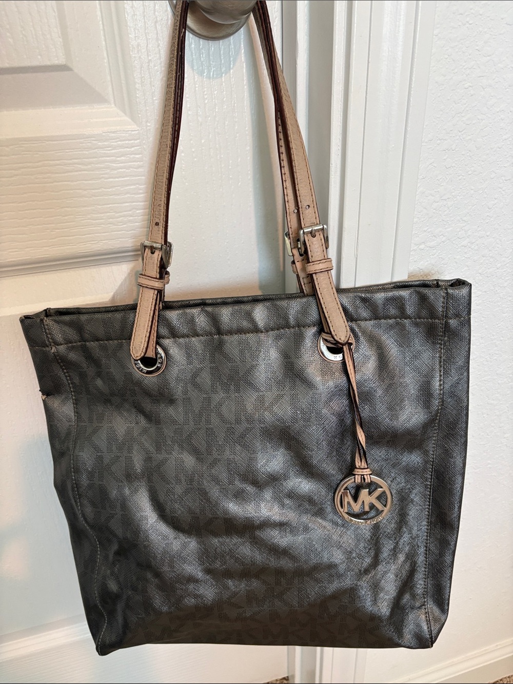 Michael Kors Black Logo Tote with Tan Straps and MK Charm